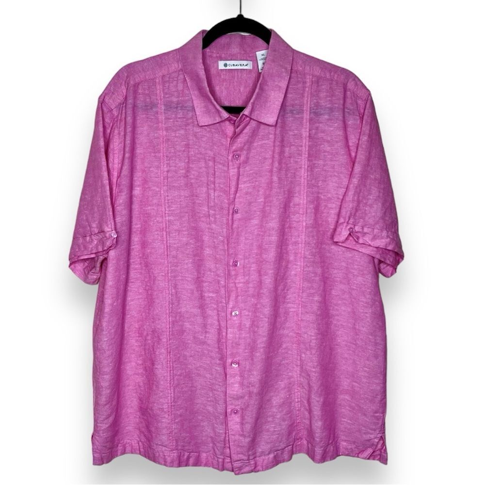 Cubavera Linen Blend Pink Panel Shirt Short Sleeve Button Front Men Size XL